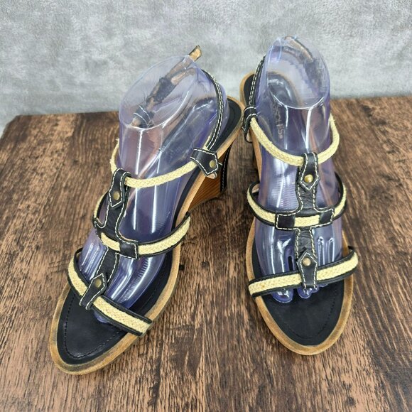 Aerosoles Swish Bone Strappy Wedge Sandals 11 Black Leather Natural Jute Comfort - Picture 13 of 14